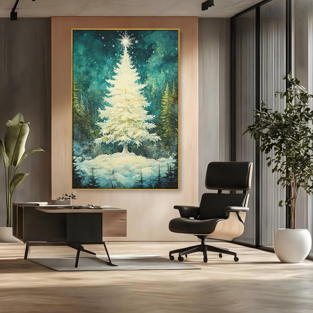 Tablou canvas cu pictura cu brad alb inzapezit, in rama de aluminiu auriu, pe perete intr-un birou